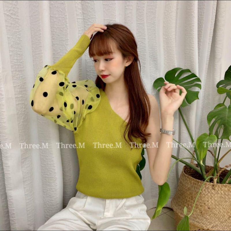 MDLV ~ C577# Polkadot One Shoulder Knit Top Premium Knit Top Atasan rajut Lace Polkadot Atasan Rajut Premium Atasan Rajut Import Fashion Import