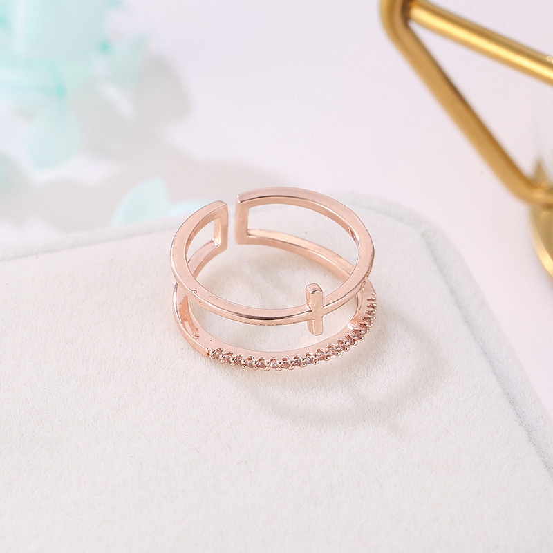 Cincin Adjustable Cincin salib emas mawar baru bertatahkan hias Cincin multi-layer sederhana
