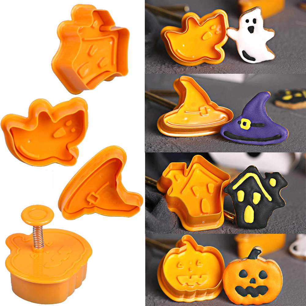 4pcs/set Halloween Cookie Mould / Biscuit Stamp Fondant Stamper  /3D Cookie Plunger Cutter / DIY Baking Mould Cookie Cutters For Kitchen Tools