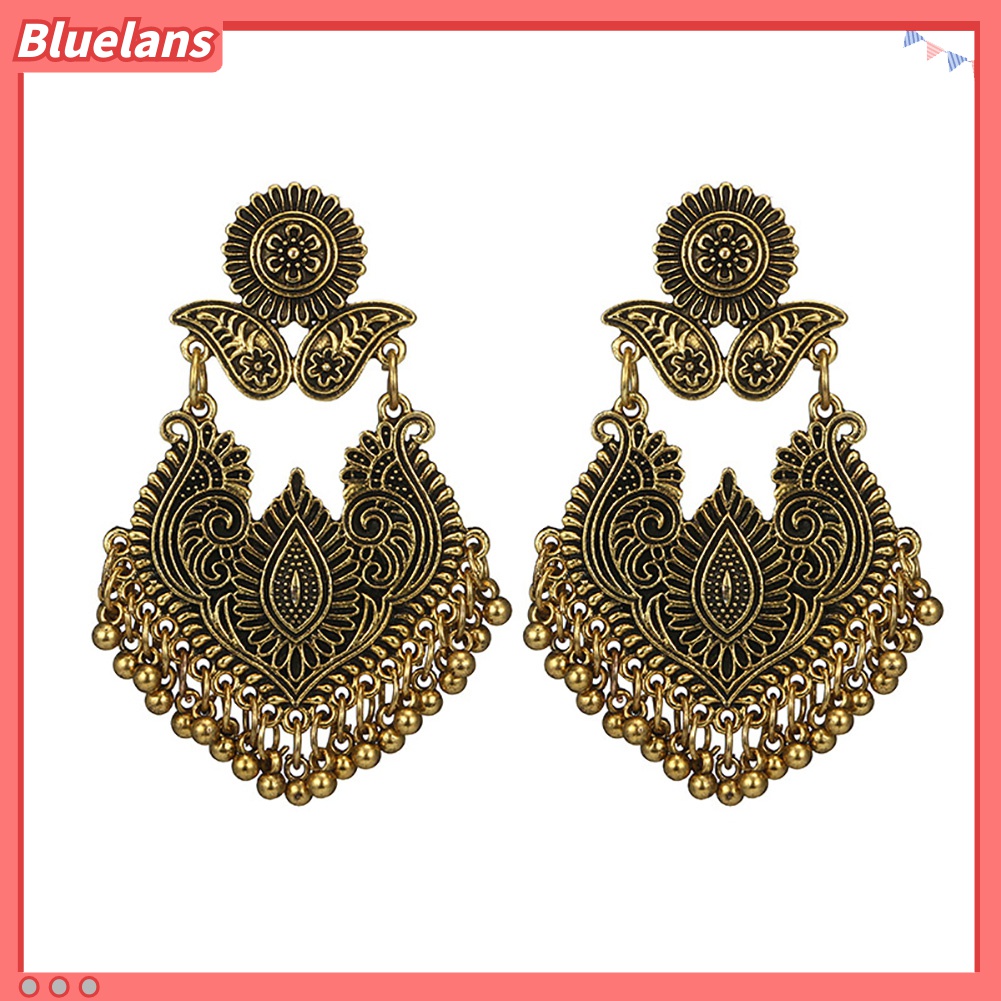 Anting Stud Bentuk Bola Lonceng Ukir Gaya Vintage Etnik Untuk Wanita
