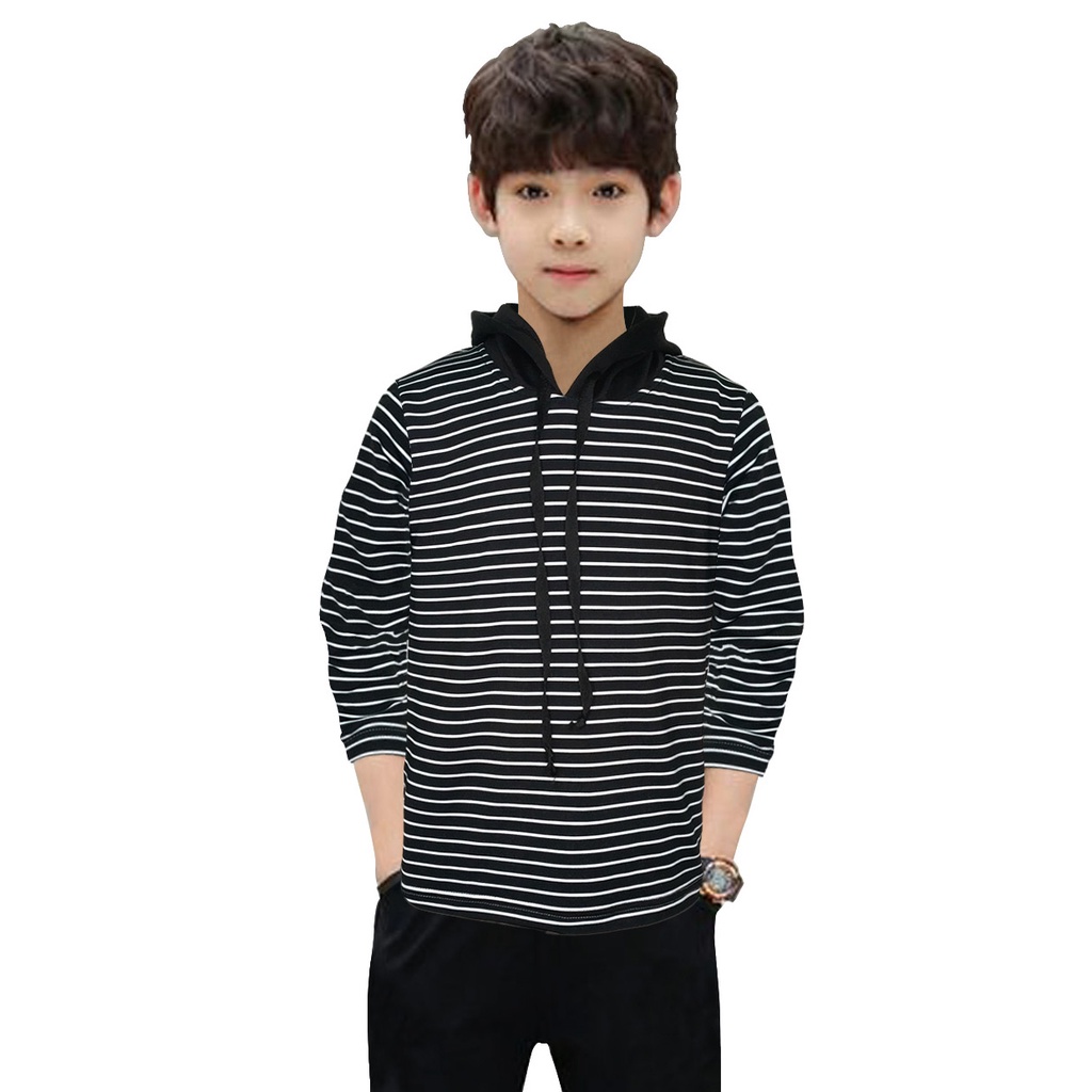 Baju Hoodie Lengan Panjang Anak Laki Laki Bahan Salur Babyterry Spandex Premium Usia 1 Tahun Sampai 12 Tahun