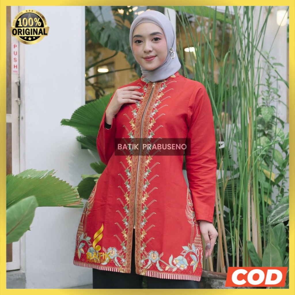 MONICA Atasan Batik Wanita Elegan Prabuseno Ori Tunik Lengan Panjang Lapis Furing Baju Kerja Kantor 