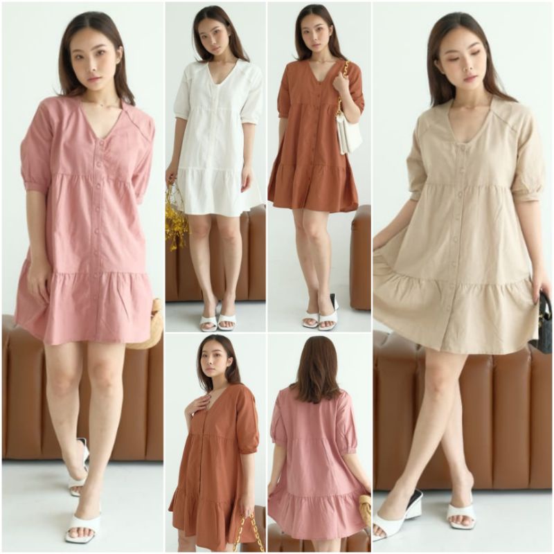 ♡ PREMIUM ♡ ORIGINAL ! MIRRANDA V-NECK BUTTON LAYER MINI DRESS  ( BUSUI FRIENDLY )