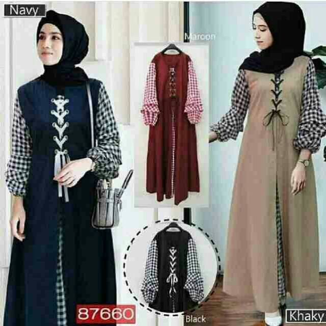 New Gamis Casual Muslimah Kombinasi Kotak Kotak Shopee Indonesia