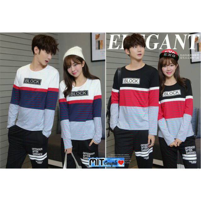 Kaos couple block lengan panjang - baju pasangan 3 warna kombinasi