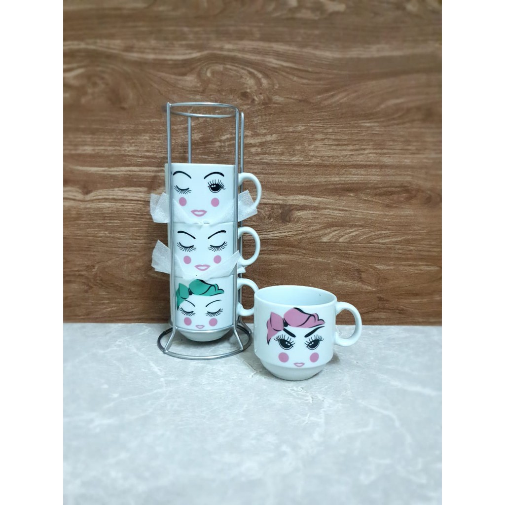 BABEE MUG KERAMIK SET 4 SUSUN SIZE S / CANGKIR GELAS 4 SUSUN BANYAK MOTIF / MUG TEH KOPI / KADO UNIK-Face