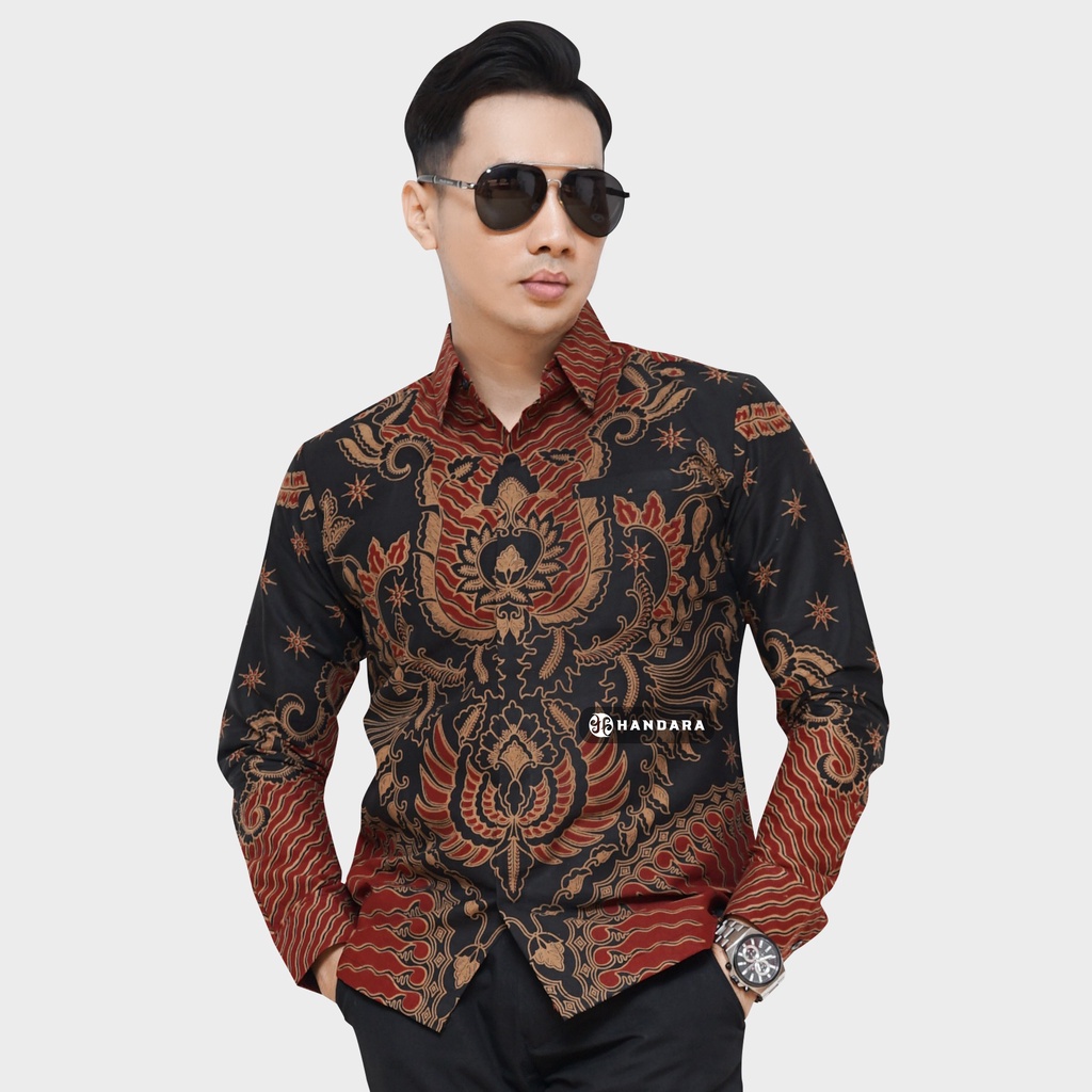 Baju Kemeja Batik Pria Lengan Panjang Slim Fit Premium Modern Full Furing Katun Halus Original Handara Motif Baraja Merah Maroon HB-117