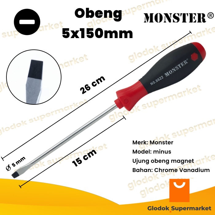 Obeng Minus 6 inch Monster Diameter 5mm Panjang Besi 15cm Magnet