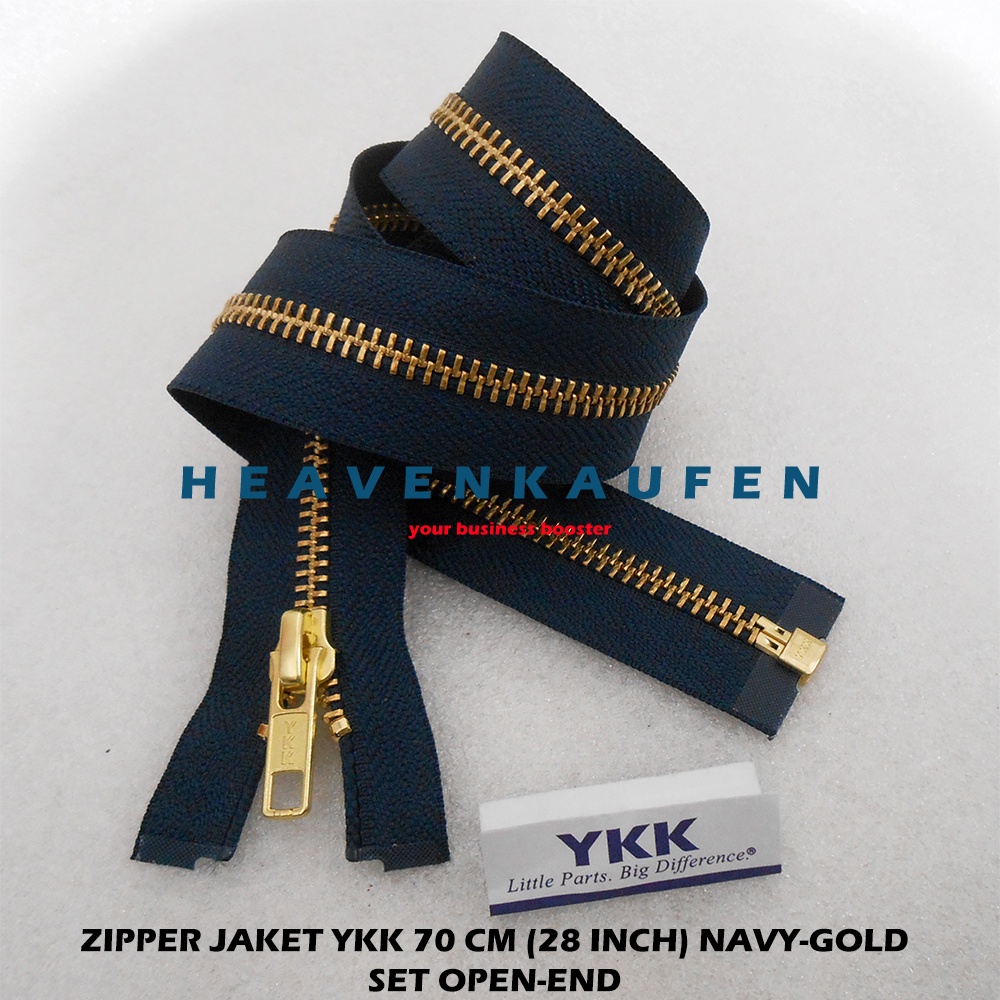 Resleting Zipper Jaket YKK 70 cm / 28 inch Biru Navy Dongker - Gold Emas Type Gigi Besi Set Open End Buka Lepas