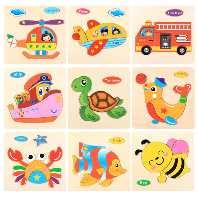 (2) Mainan Anak Wooden PUZZLE KAYU KECIL Hewan Transportasi Mainan Edukasi Edukatif Jigsaw Puzzle