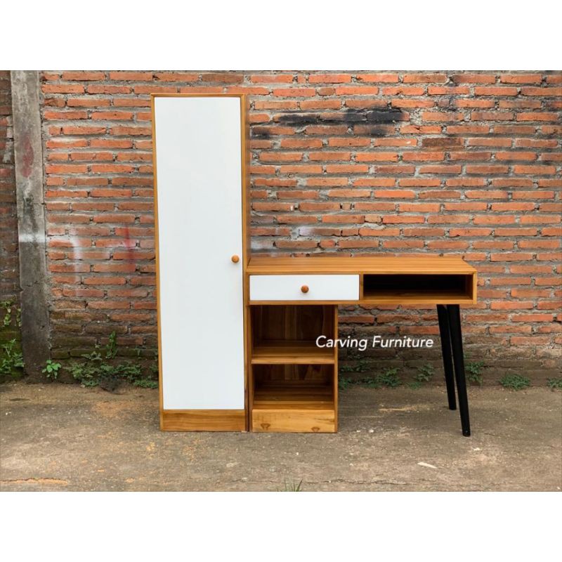 set meja belajar retro lemari buku minimalis