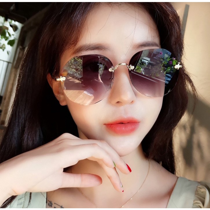 Kacamata Fashion Wanita Gaya Korea Frameless Kacamata Hitam Bulat Sunglasses Women Anti Silau UV ORI