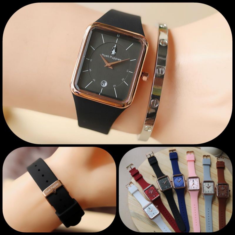 Jam Tangan Analog Wanita Hush Puppies Tali Rubber Free Gelang Titanium