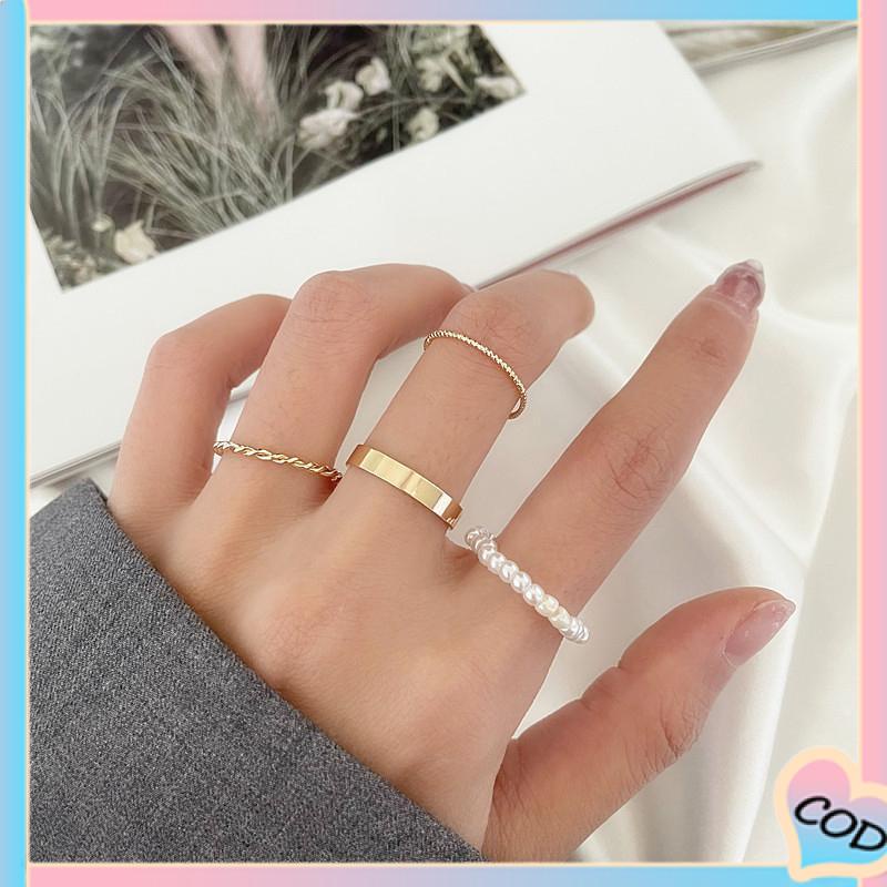 COD❤️ Korea Wanita Mutiara Cincin Wanita Emas Cincin Logam Set Fashion Perhiasan Aksesoris-A.one