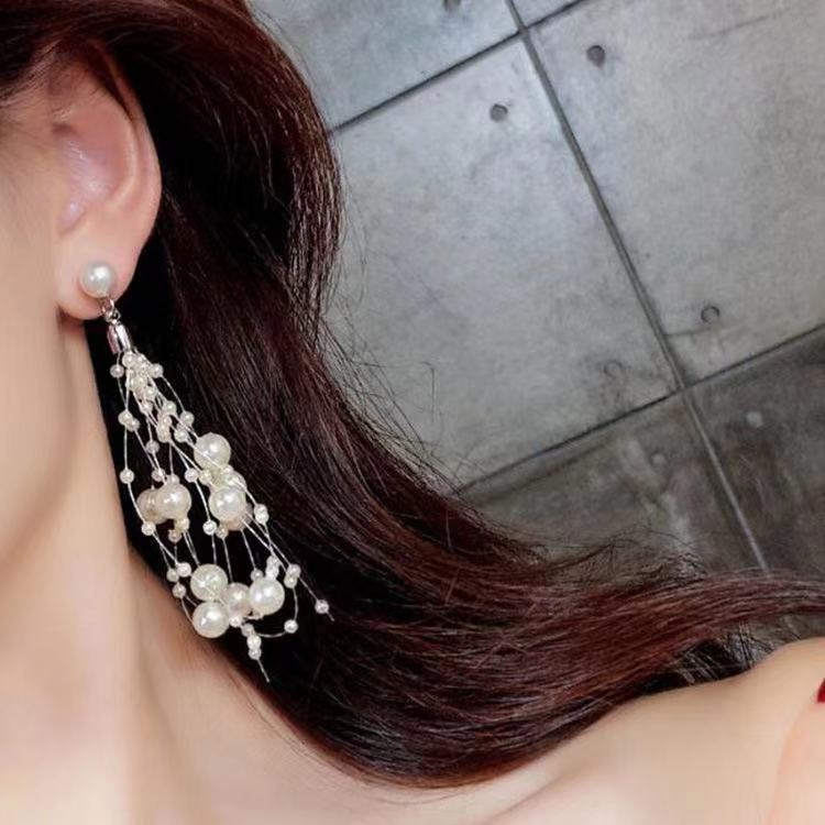 (Hello Girl)E35 Anting Mutiara Jaring Fashion Wanita Mutiara Putih Panjang Stud Earrings Import-5