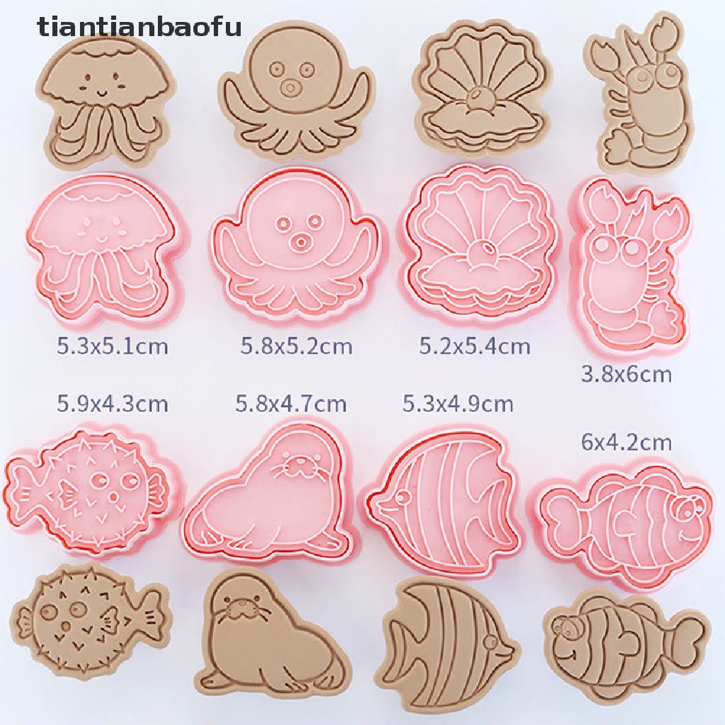 8pcs / Set Cetakan Pemotong Kue / Biskuit Bentuk Kartun Hewan Laut 3D Model Tekan Untuk Alat Dapur