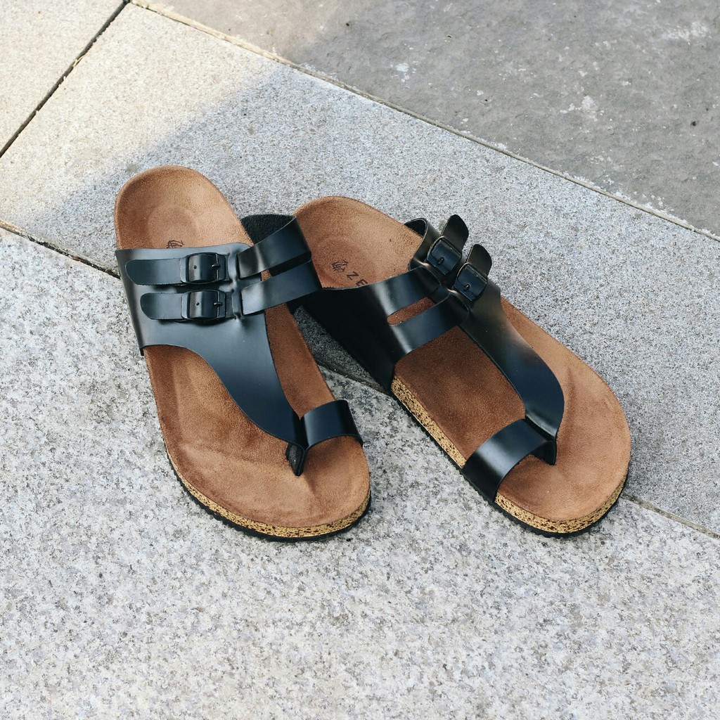 ALFARO BLACK |FORIND x Zensa| Sendal Jepit Tali Kulit Simpel Kayu Pria/Cowok/Men - Sandal - Footwear