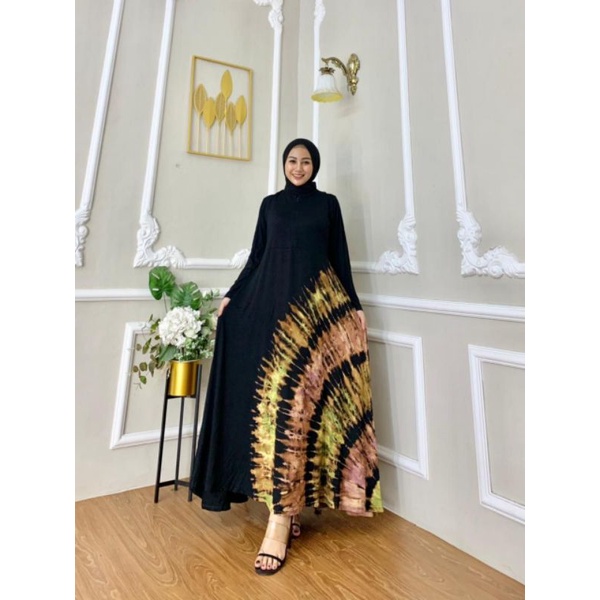 Gamis Kaos Jumbo Black Tiedye CASANOVA Bumil Busui Resleting Depan Lengan Panjang Homedress Wanita Kekinian Terbaru