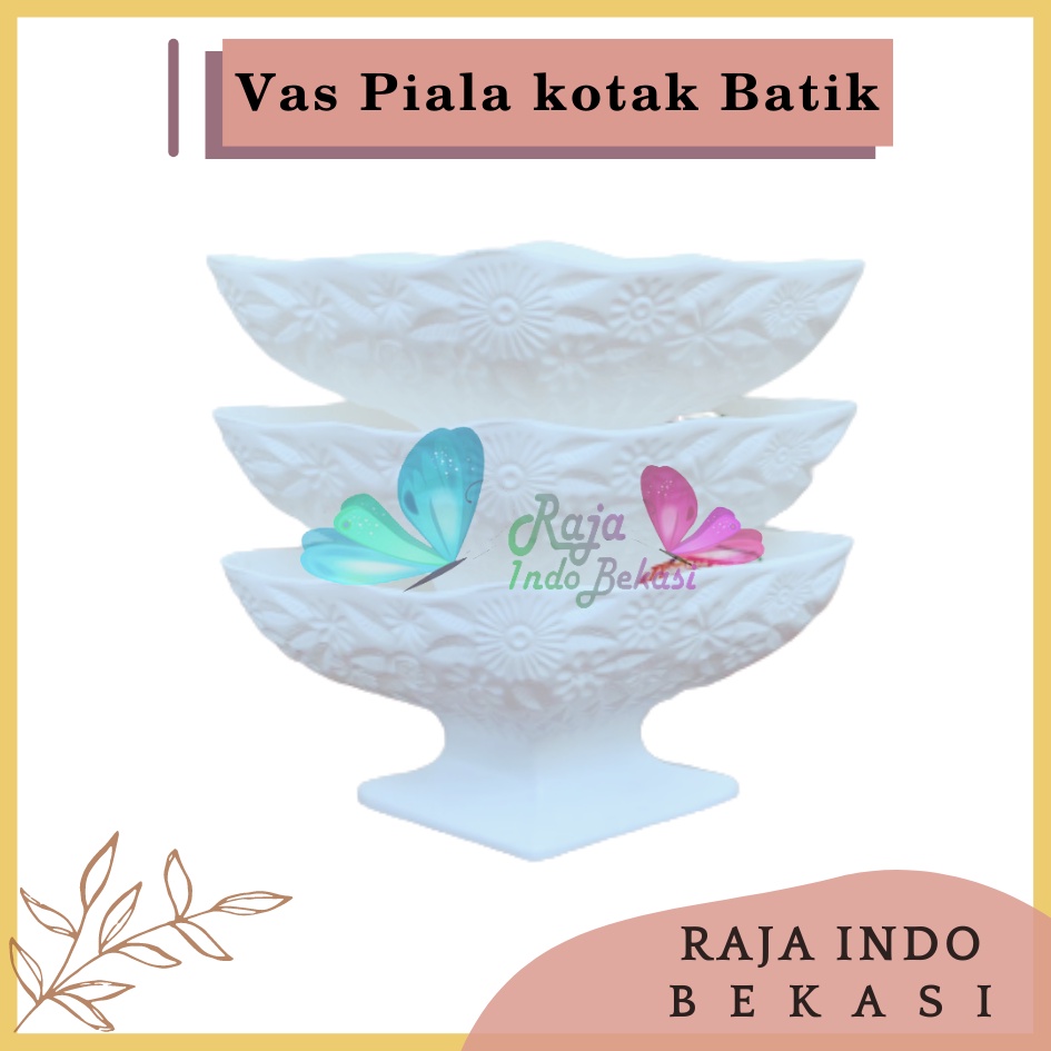 Vas Piala Kotak Batik Putih Pot Piala Plastik Bunga Plastik Dekorasi Vas Bunga Aesthetic Plastik Keramik - Pot bunga tanaman piala hias interior motif WAJIK putih - GREEN LEAF 622