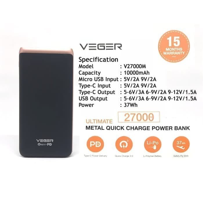[GARANSI] POWERBANK VEGER 10000mAh ULTIMATE 10000MAH 1 Port USB METAL Grosir