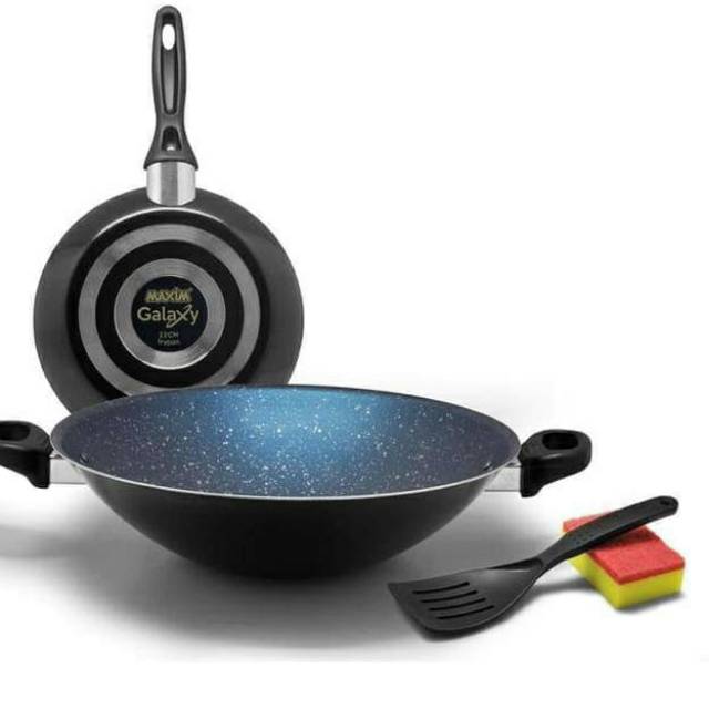 Maxim Galaxy Wajan Penggorengan Set Wok30cm+Fry pan22cm Free Spatula&amp;Sponge