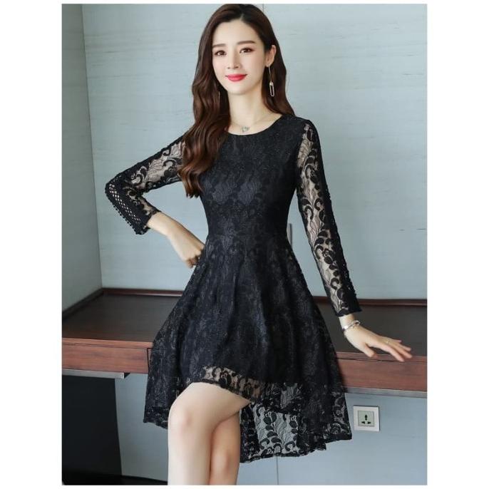 Dress Brukat Import Gaun Wanita Korea Black Hitam Gaun Pesta Dp6989