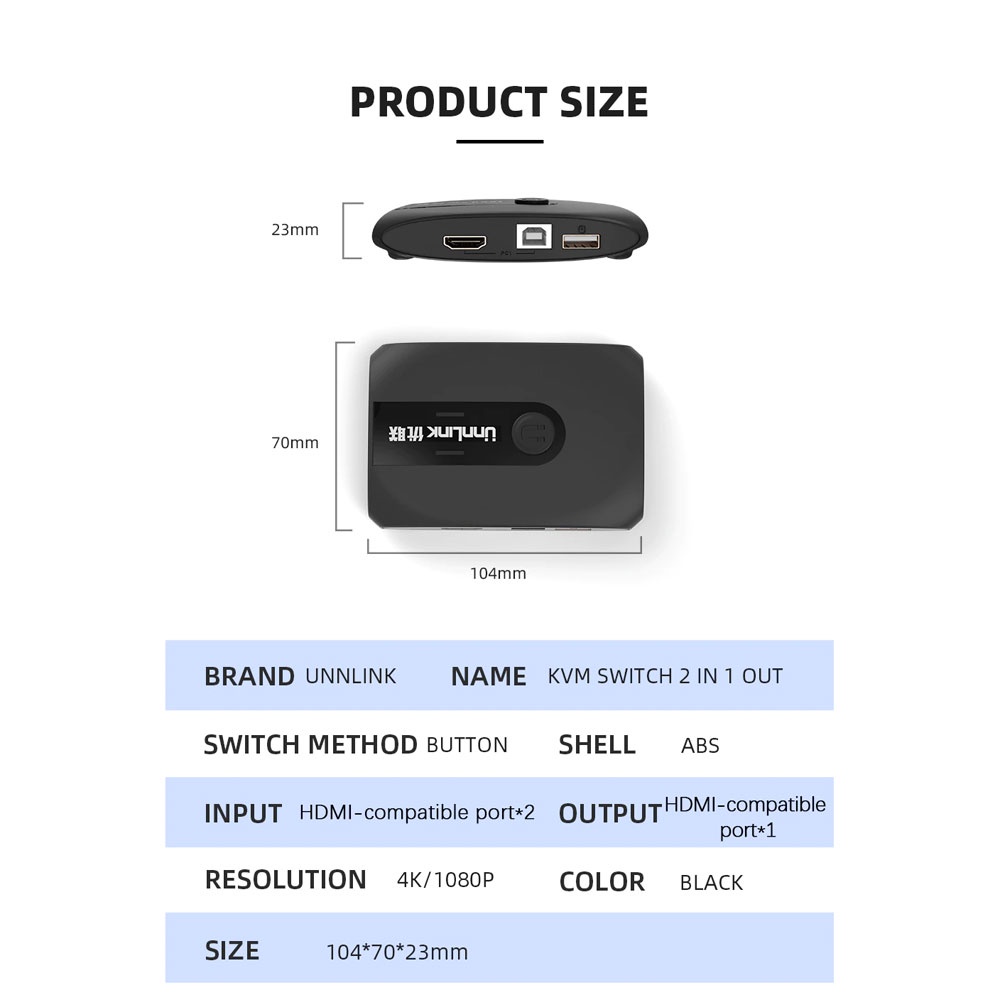 Unnlink KVM HDMI Switcher Mouse Keyboard Share USB 2.0 with Extender - UN0555 - Black