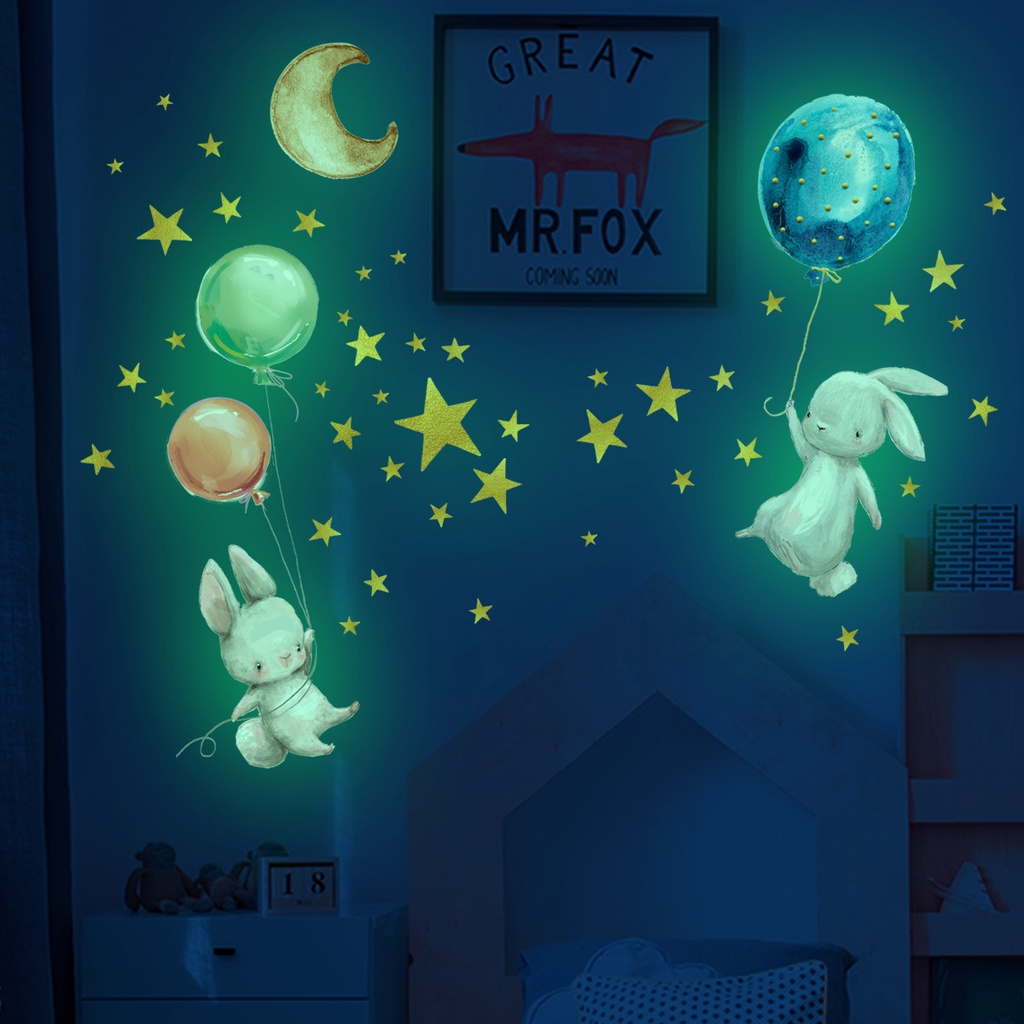 Stiker Dinding Motif Kelinci Balon Bintang Luminous Dapat Dilepas Tahan Air Untuk Dekorasi Kamar Tidur