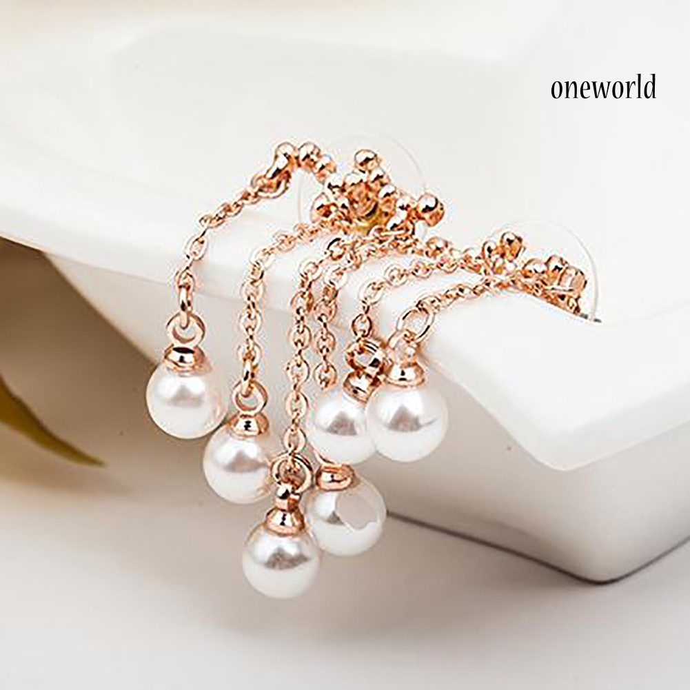 OW@ Elegant Party Women Triple Tassel Faux Pearl Long Dangle Stud Earrings Jewelry