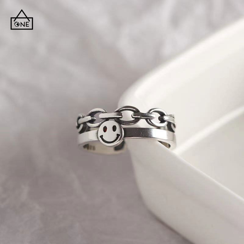 COD❤Cincin Unisex Smiley Korea Aksesoris Cincin Terbuka Multilayer Retro A one