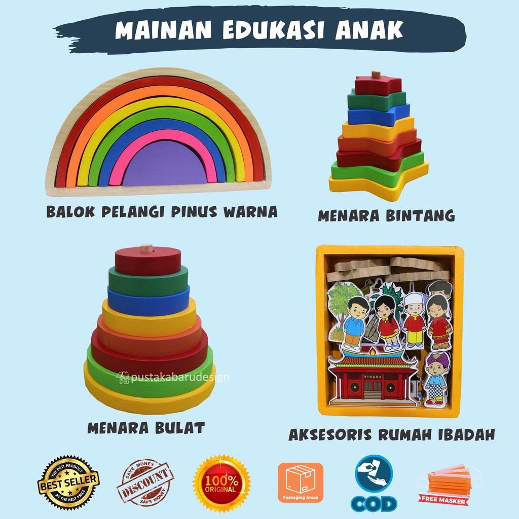 Mainan Edukasi Anak Mainan Peraga TK Paud Puzzle Balok Kayu Balok Menara Pelangi Berwarna
