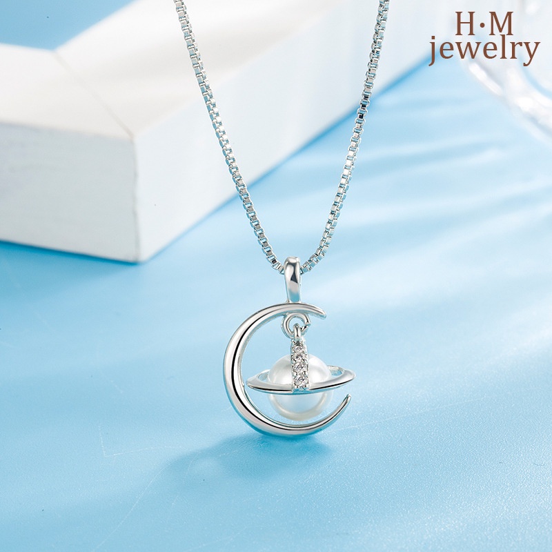 Kalung Rantai Sterling Silver 925 Dengan Liontin Planet / Bulan Warna-Warni Untuk Wanita