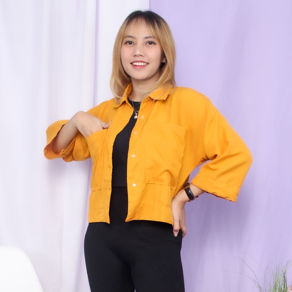 RX Fashion - Kemeja Crop Linen Pocket - BN-MUSTARD