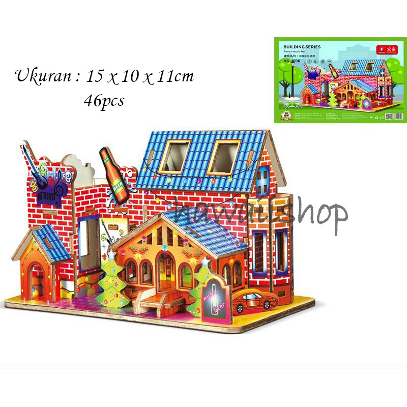 Hawaii Shop Puzzle 3D DIY bahan kayu FRENCH MUSIC BAR mainan puzzle edukasi anak (kado &amp; pajangan)