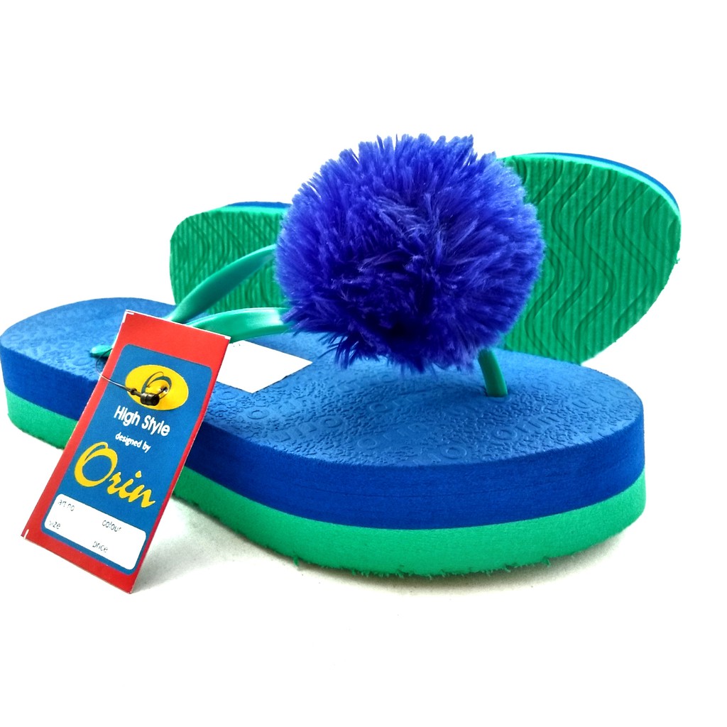 Sandal Wedges Datar Oshin PomPom / Sandal Jepit Wejes Bulu-4