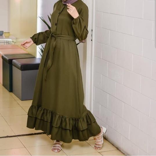 ◌ Gamis Wanita Muslim Syari Maxi Murah Jubah Dress Cewek Original Keren - Army, One Size ➷