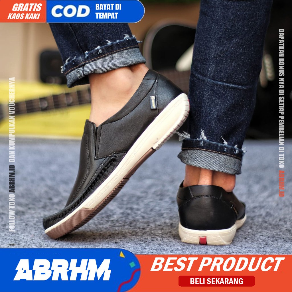 ABRHM X SANDRO Sepatu Casual Slip on Pria Sepatu Slip On Pria Sepatu Pria Casual Kulit Asli Cowok Sepatu Kasual Semi Formal Kerja Kantor Kuliah Anti Slip Gaya Santai Keren Kekinian Original