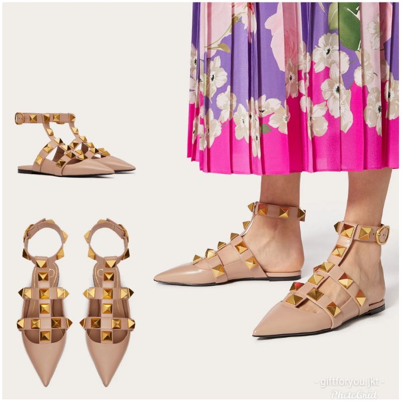 Valentino Garavani Roman Stud Ballet Calfskin Sandal Wanita Perempuan Flat Shoes Branded Premium Col