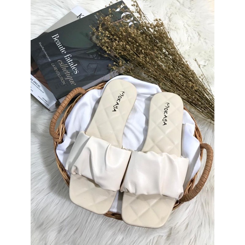Sandal Slop Kerut Tebal Import Mokaya 9066-62-Cream