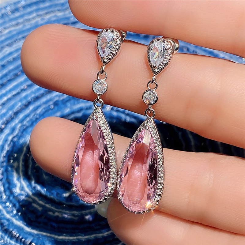 Anting Tusuk Gantung Hias Cubic Zirconia Warna Pink Gaya Mewah Untuk Wanita