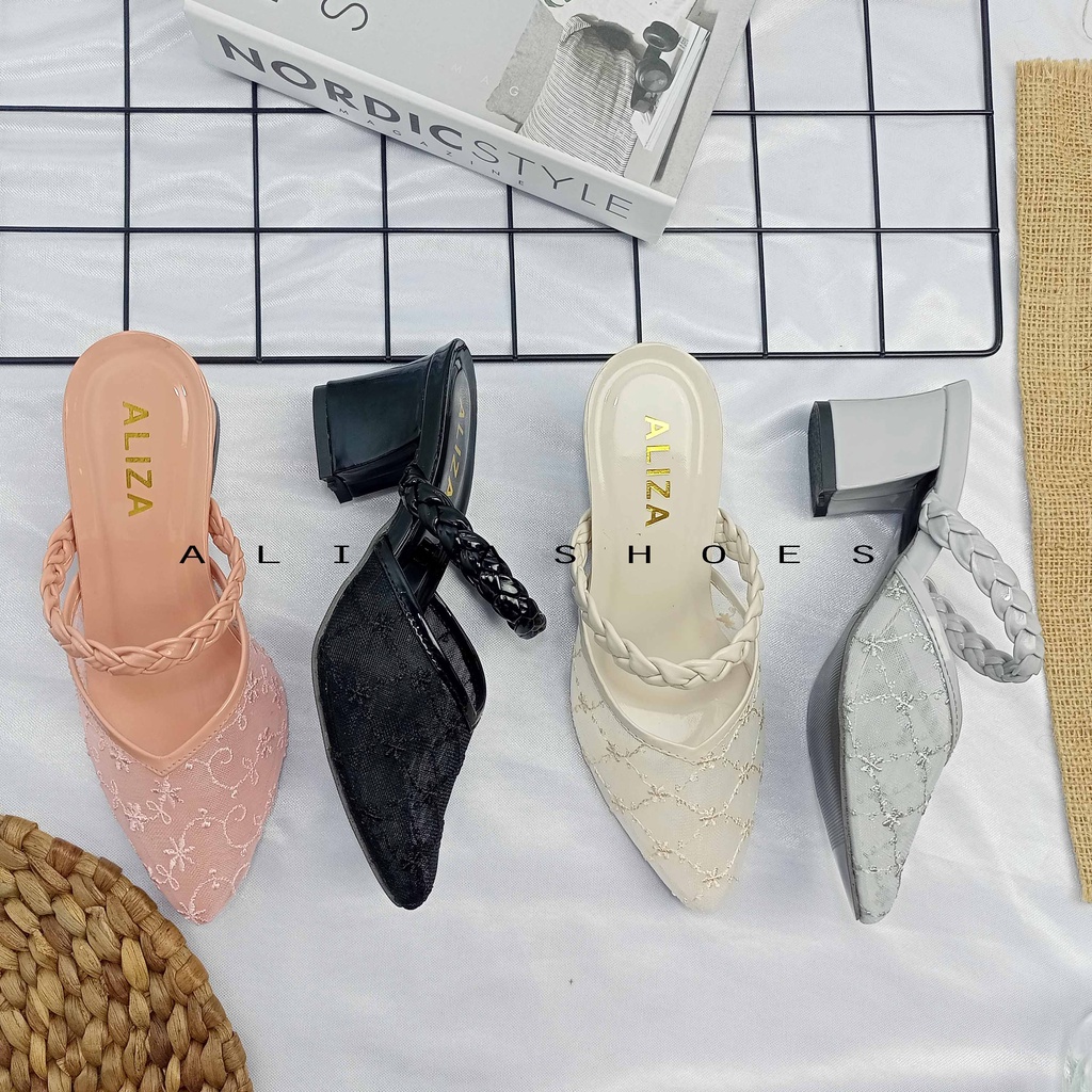 ALIZA SANDAL HEELS WANITA CHUNKY 5 CM JALA RAJUT TERBARU-1