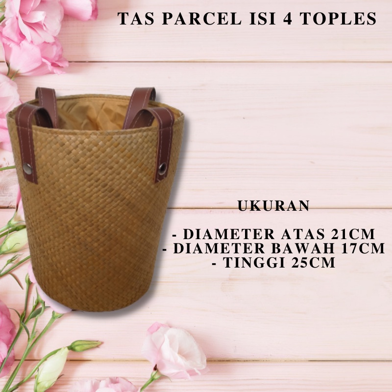 Tas Hampers Anyaman Isi 4 Toples Tali Kulit Sintetis Keranjang Parcel Anyaman Pandan