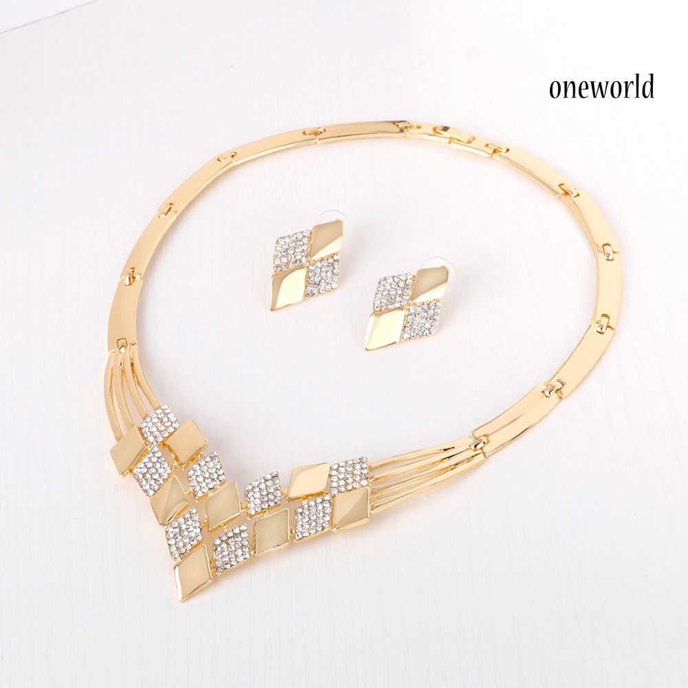 OW@ Women KC Gold Plated Rhombus Shape Necklace Earrings Rhinestones Jewelry Set