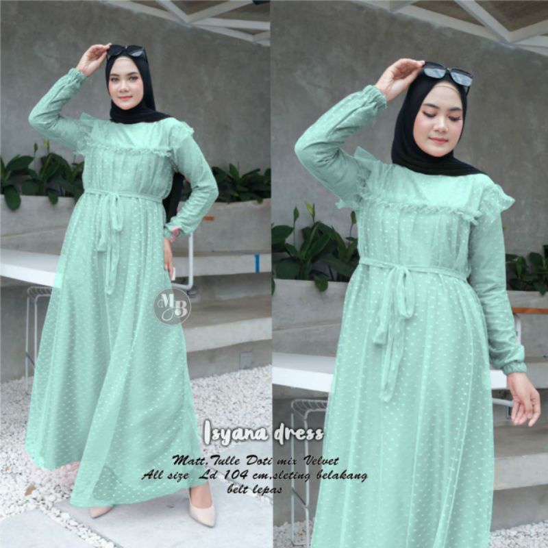 ISYANA DRESS TILLE DOTTY MIX VELVET HIJAU MINT LATE MOCA NAVY PINK maroon pesta kondangan wisuda