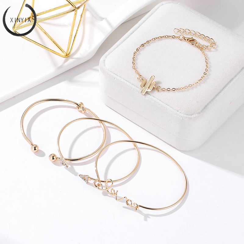 4Pcs/Set Gelang Women Gilr Gold Triangle Knot Love Cactus Opening Bangle Chain Bracelet