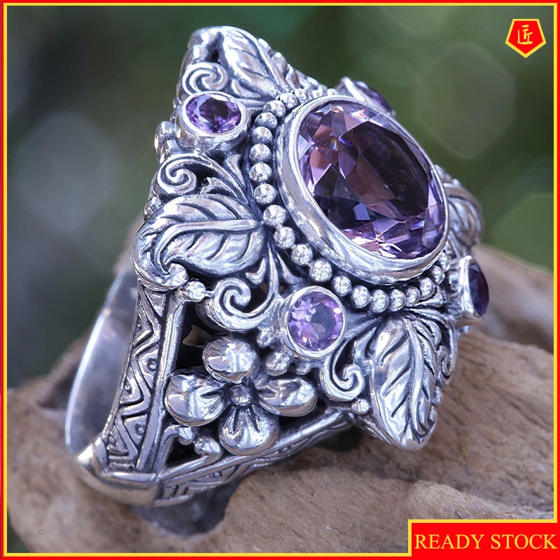 [Ready Stock]Luxury Natural Amethyst Ring 925 Vintage Silver