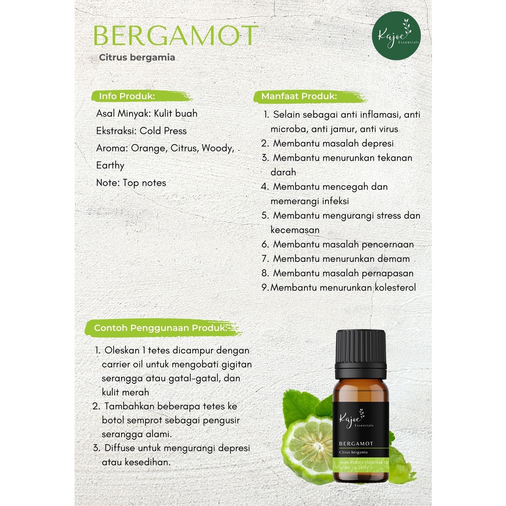 KAJOE Bergamot Essential Oil Diffuser Minyak Jeruk Esensial Atsiri Aromaterapi Aromatheraphy