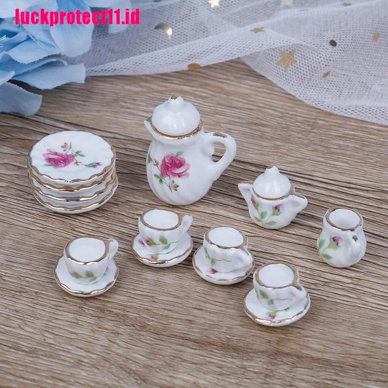 Lucktoy 15pcs / Set Miniatur Cangkir Teh / Kopi Bahan Keramik Porselen Skala 1: 12 Untuk Rumah Boneka