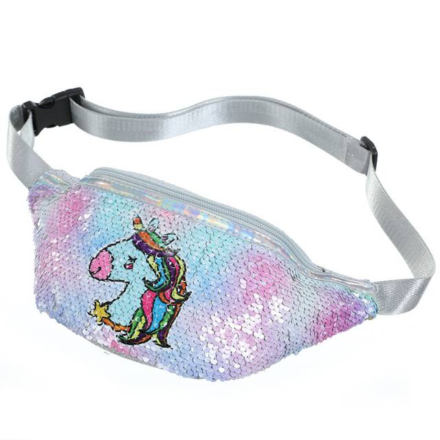 TAS PINGGANG ANAK SEQUIN MOTIF UNICORN WAIST RAINBOW / PINK IMPORT BAGUS