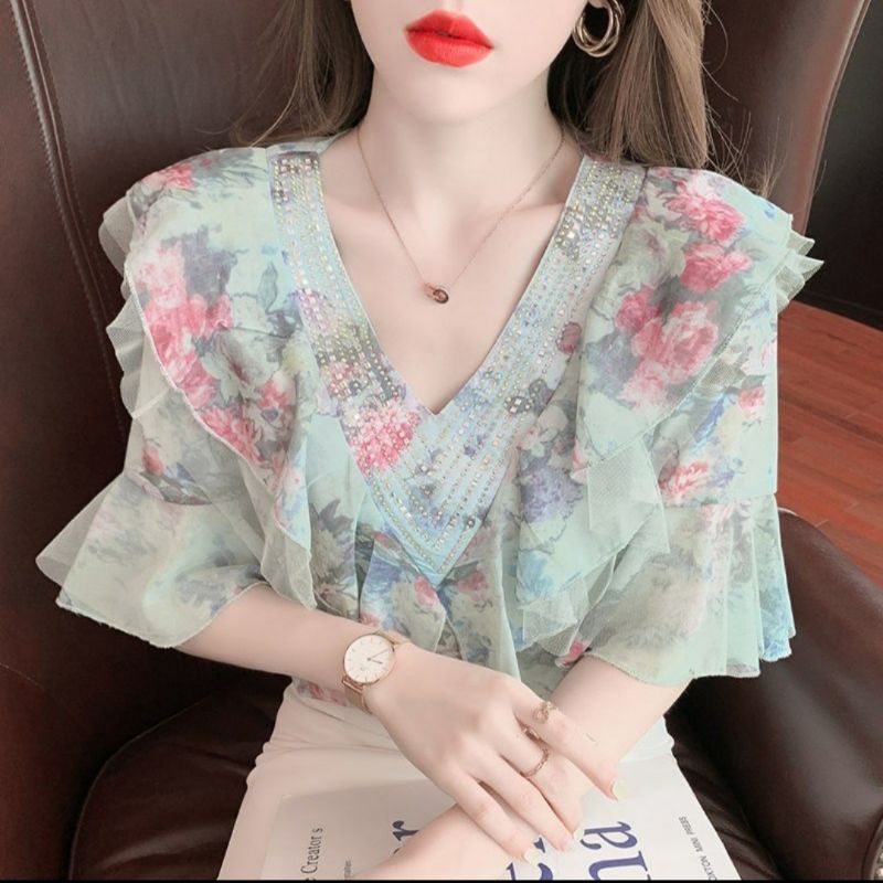 MDLV ~ 7092# Roseville Beaded Top Atasan Blouse Flower Fashion Import